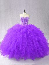  Purple Sleeveless Floor Length Beading and Ruffles Lace Up Quinceanera Gowns