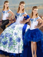 Discount Satin Off The Shoulder Sleeveless Lace Up Embroidery Sweet 16 Dresses in Blue And White