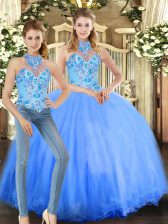 Exceptional Blue Sleeveless Floor Length Embroidery Lace Up Sweet 16 Quinceanera Dress
