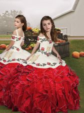  Organza Straps Sleeveless Lace Up Embroidery and Ruffles Girls Pageant Dresses in Red