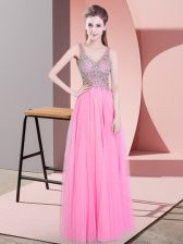 Best Rose Pink Tulle Zipper Prom Evening Gown Sleeveless Floor Length Beading