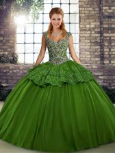 Fitting Green Tulle Lace Up Sweet 16 Dresses Sleeveless Floor Length Beading and Appliques