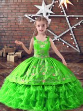  Ball Gowns Satin and Organza Straps Sleeveless Embroidery and Ruffled Layers Floor Length Lace Up Child Pageant Dress