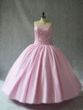 Customized Pink Tulle Lace Up Sweetheart Sleeveless Floor Length Sweet 16 Dresses Beading