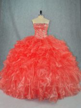 Classical Red Sleeveless Beading and Ruffles Floor Length Quince Ball Gowns