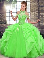 New Arrival Green Sleeveless Organza Lace Up Sweet 16 Quinceanera Dress for Military Ball and Sweet 16 and Quinceanera
