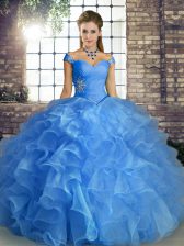 High Quality Floor Length Blue Quinceanera Gown Off The Shoulder Sleeveless Lace Up