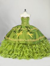  Olive Green Sleeveless Embroidery and Ruffled Layers Lace Up Quinceanera Dresses