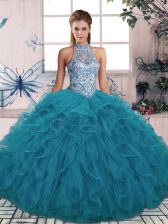 Luxury Teal Sweet 16 Dress Military Ball and Sweet 16 and Quinceanera with Beading and Ruffles Halter Top Sleeveless Lace Up
