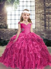  Fuchsia Sleeveless Organza Lace Up Little Girl Pageant Gowns for Party and Wedding Party