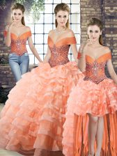  Peach Three Pieces Beading and Ruffled Layers Quinceanera Gowns Lace Up Organza Sleeveless