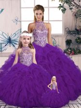  Purple Tulle Lace Up 15th Birthday Dress Sleeveless Floor Length Beading and Ruffles