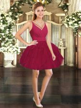  Wine Red Sleeveless Mini Length Ruffles Backless Prom Dresses