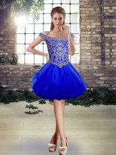 Trendy Off The Shoulder Sleeveless Lace Up Prom Gown Royal Blue Tulle
