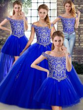  Floor Length Ball Gowns Sleeveless Royal Blue Quinceanera Gowns Lace Up
