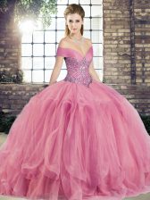  Floor Length Watermelon Red Ball Gown Prom Dress Tulle Sleeveless Beading and Ruffles