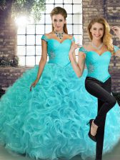 Flirting Aqua Blue Sleeveless Floor Length Beading Lace Up Quince Ball Gowns