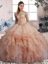 Enchanting Ball Gowns 15th Birthday Dress Pink Off The Shoulder Organza Sleeveless Floor Length Lace Up