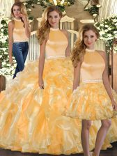 Stylish Gold Organza Backless Quinceanera Dress Sleeveless Floor Length Beading and Ruffles
