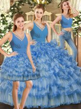  Ruffles and Ruffled Layers Sweet 16 Dresses Blue Backless Sleeveless Floor Length