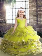 Cute Sleeveless Lace Up Floor Length Beading and Ruffles Pageant Dress for Girls