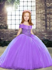  Lavender Little Girl Pageant Gowns Tulle Brush Train Sleeveless Beading