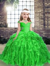 Pretty Straps Sleeveless Pageant Dress for Teens Floor Length Beading and Ruffles Green Organza