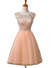  Peach Zipper Prom Gown Beading Sleeveless Mini Length
