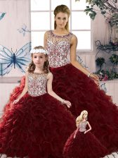  Burgundy Lace Up Sweet 16 Quinceanera Dress Beading and Ruffles Sleeveless Floor Length