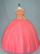 Great Watermelon Red Scoop Neckline Beading Ball Gown Prom Dress Sleeveless Lace Up