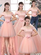 Best Selling Floor Length Ball Gowns Short Sleeves Pink Ball Gown Prom Dress Lace Up