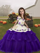  Purple Tulle Lace Up Straps Sleeveless Floor Length Little Girls Pageant Gowns Embroidery and Ruffled Layers