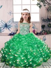  Green Ball Gowns Organza Scoop Sleeveless Beading and Ruffles Floor Length Lace Up Kids Pageant Dress