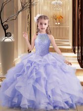 New Style Lavender Pageant Gowns For Girls Brush Train Sleeveless Beading and Ruffles
