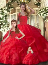  Tulle Halter Top Sleeveless Lace Up Ruffles Quince Ball Gowns in Red