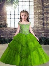 Low Price Ball Gowns Little Girl Pageant Dress Green Off The Shoulder Tulle Sleeveless Floor Length Lace Up