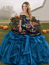 Cute Blue And Black Ball Gowns Embroidery and Ruffles 15th Birthday Dress Lace Up Organza Sleeveless Floor Length