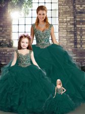 Decent Floor Length Peacock Green Quinceanera Gowns Tulle Sleeveless Beading and Ruffles
