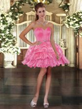  Rose Pink Organza Lace Up Sweetheart Sleeveless Mini Length Beading and Pick Ups