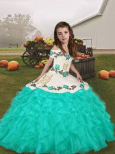 Inexpensive Floor Length Ball Gowns Long Sleeves Turquoise Little Girls Pageant Dress Wholesale Lace Up