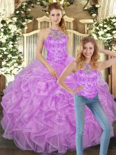 Exquisite Lilac Halter Top Lace Up Beading and Ruffles Quince Ball Gowns Sleeveless
