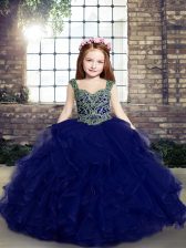 Modern Straps Sleeveless Lace Up Custom Made Pageant Dress Blue Tulle
