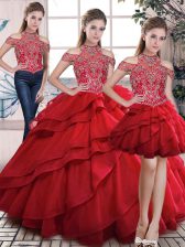 Designer Floor Length Red Sweet 16 Quinceanera Dress Organza Sleeveless Beading and Ruffles
