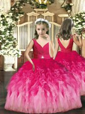  Hot Pink Backless V-neck Beading and Ruffles Little Girls Pageant Gowns Tulle Sleeveless