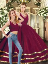  Burgundy Ball Gowns Ruffled Layers Quinceanera Gowns Backless Tulle Sleeveless Floor Length