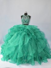  Turquoise Sweet 16 Dresses Organza Brush Train Sleeveless Beading and Ruffles