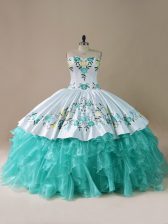  Organza Sweetheart Sleeveless Lace Up Embroidery and Ruffles Sweet 16 Dresses in Blue And White