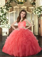Beauteous Coral Red Sleeveless Tulle Lace Up Little Girl Pageant Gowns for Party and Sweet 16 and Wedding Party