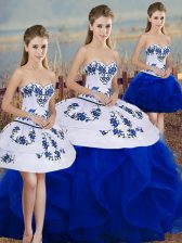 Pretty Royal Blue Sweetheart Neckline Embroidery and Ruffles and Bowknot Quinceanera Dress Sleeveless Lace Up