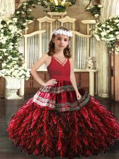 Most Popular V-neck Sleeveless Pageant Gowns Floor Length Appliques and Ruffles Red Organza
